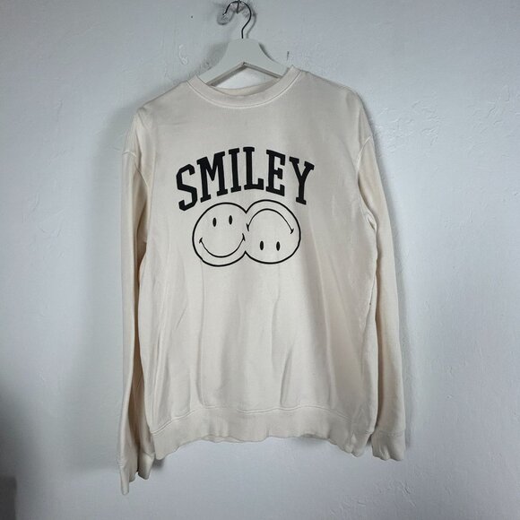 Smiley X H&M Mens Off White Relaxed Printed Sweatshirt Small Crew Neck Pullover - Picture 1 of 8